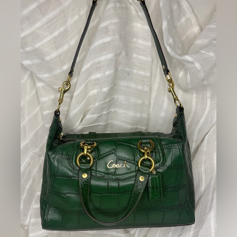 Coach Ashley Green Croc Embossed Shoulder / Handbag / Convertible Satchel • EUC - Picture 2 of 13